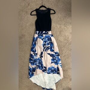 Marina Navy Bodice Blue Floral Satin High-Low Dress, 10 Wedding Cocktail Formal